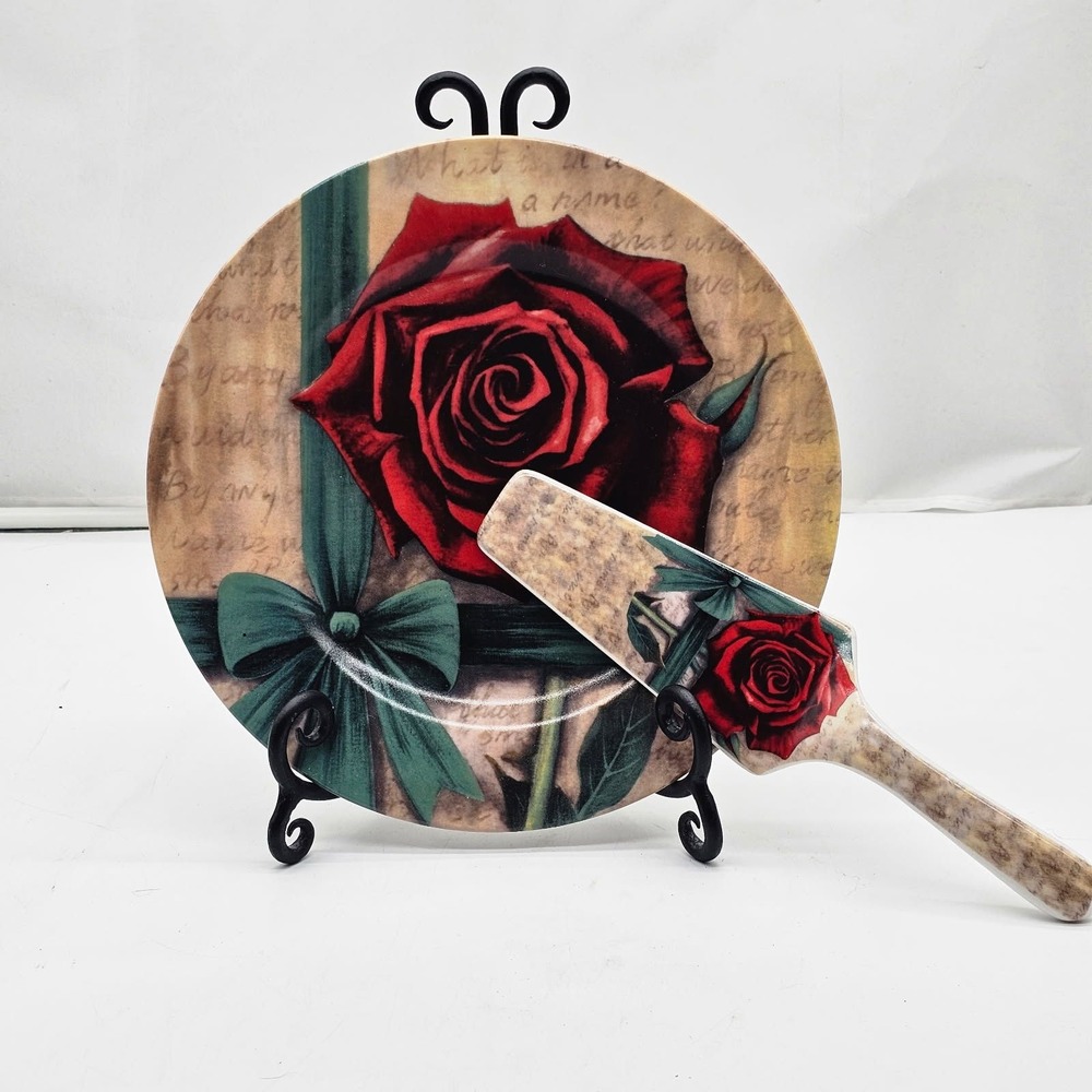 Today's Living Cake Plate and Server Set Red Rose Graphic